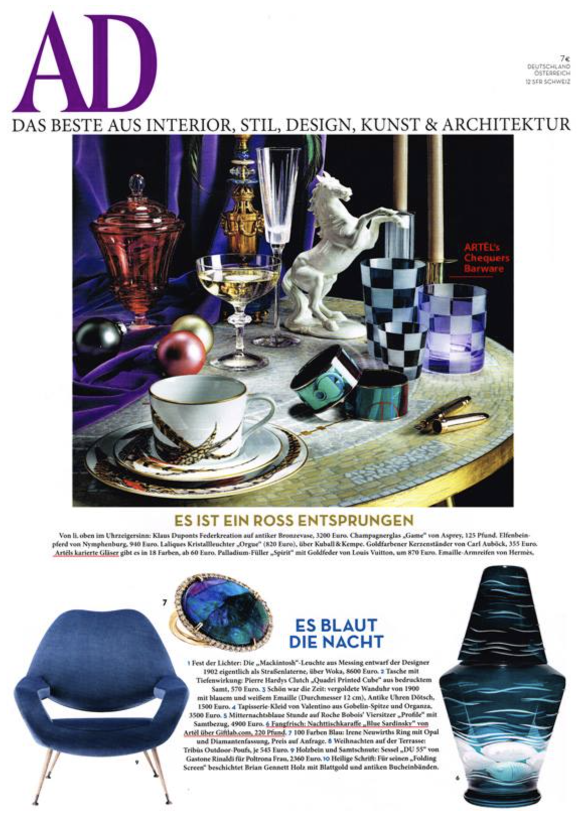 Artěl’s Chequers Barware and Sardinky Bedside Decanter in Peacock Featured in Architectural Digest Germany – December–January 2014