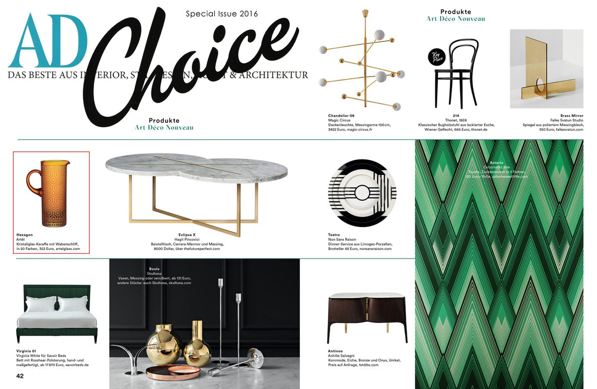 Artěl’s Hexagon Pitcher Featured in Architectural Digest Choice Special Issue – 2016